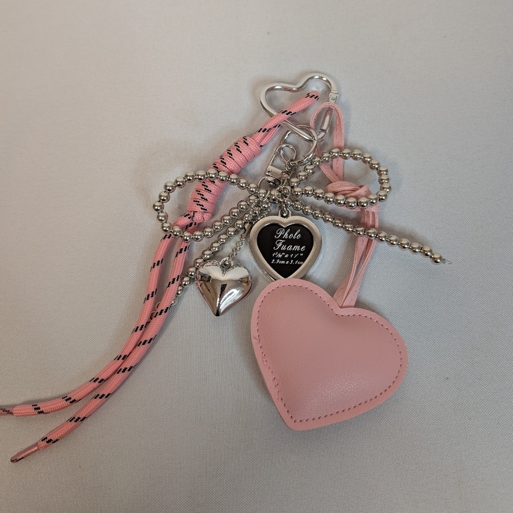 Pink And Silver Hearts And Bow Photo Frame Keychain Bag Charm Accessory - Picture 5 of 5